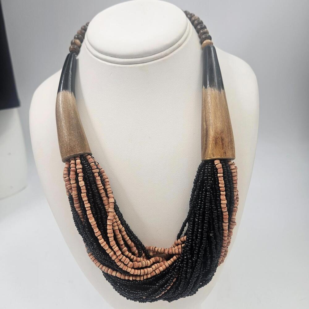 Vintage Koynak Style Tribal Horn Necklace Multi Strand Coconut Beads Black Tan